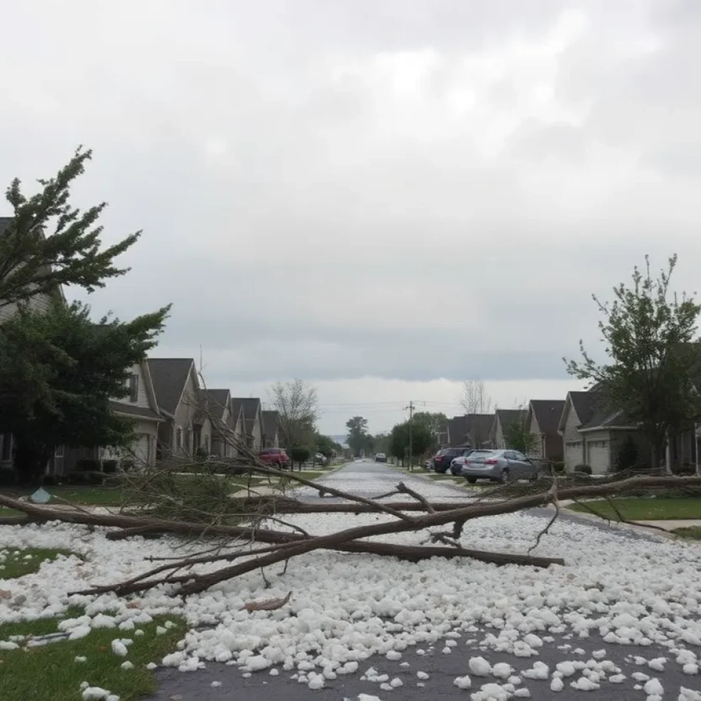 Severe hailstorm damage in Starkville with fallen trees and damaged properties.