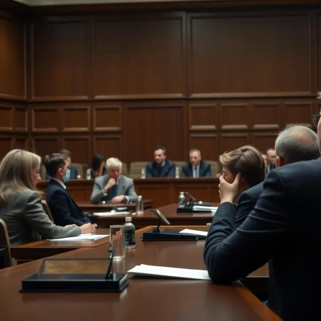 Courtroom scene depicting jury deliberation in a murder trial.