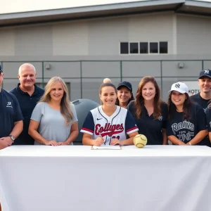 Signing ceremony for a high school athlete at a softball complex with family and friends