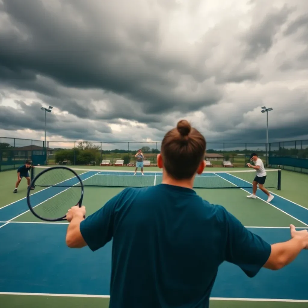 Tennis players competing in a college tournament on a cloudy day.