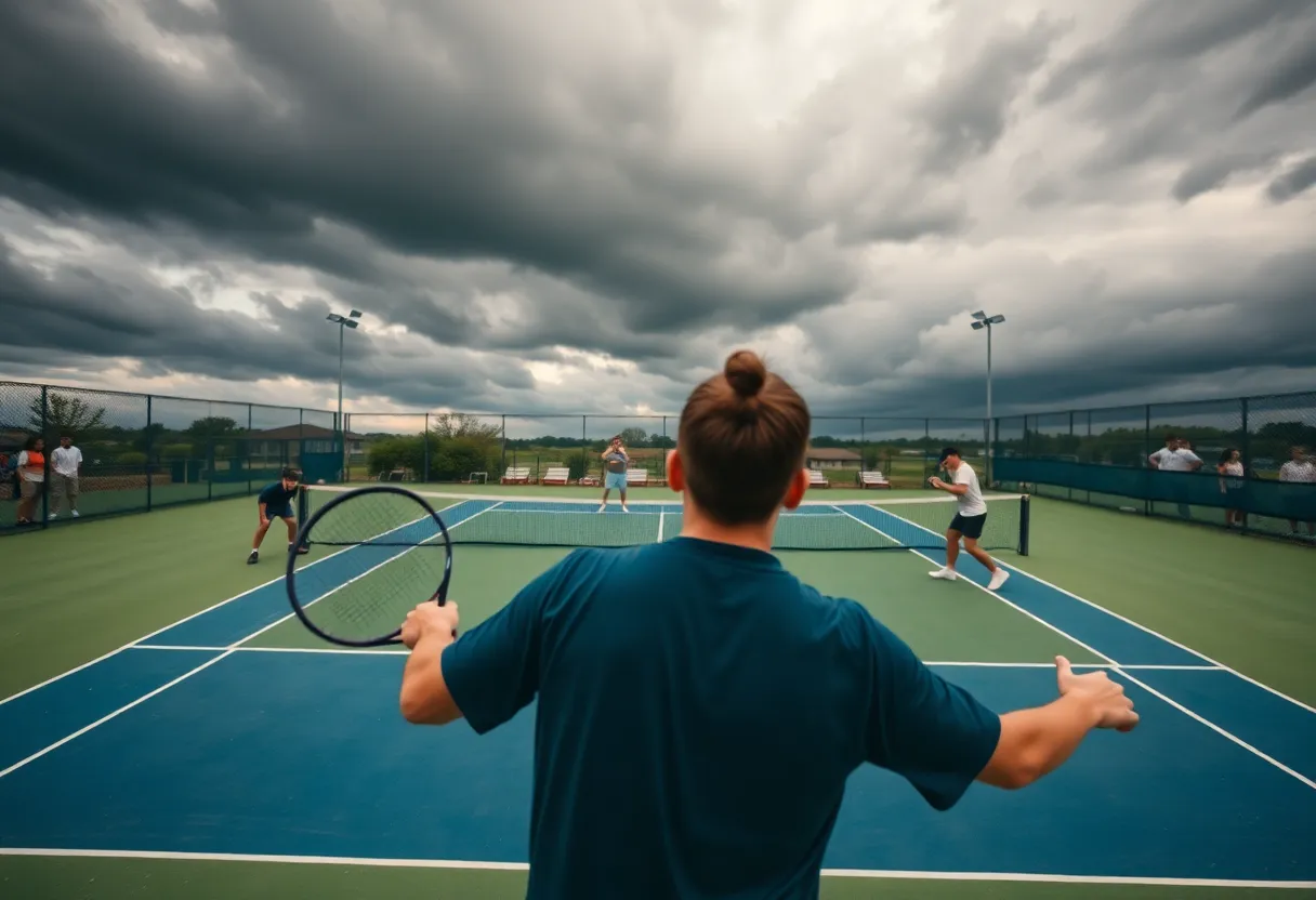 Tennis players competing in a college tournament on a cloudy day.