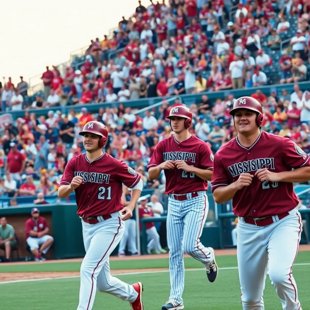Mississippi State baseball players celebrating during a game.
