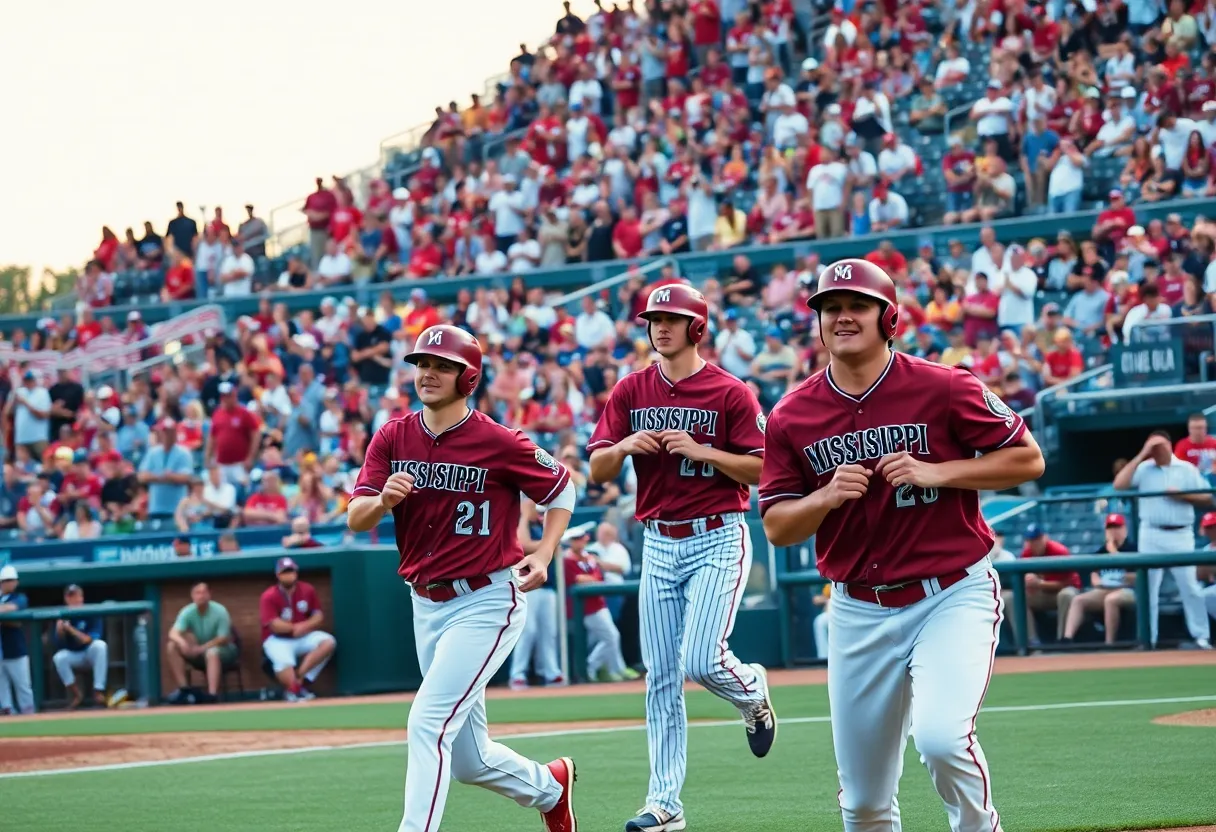 Mississippi State baseball players celebrating during a game.