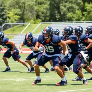 Bulldogs football team practicing defense drills