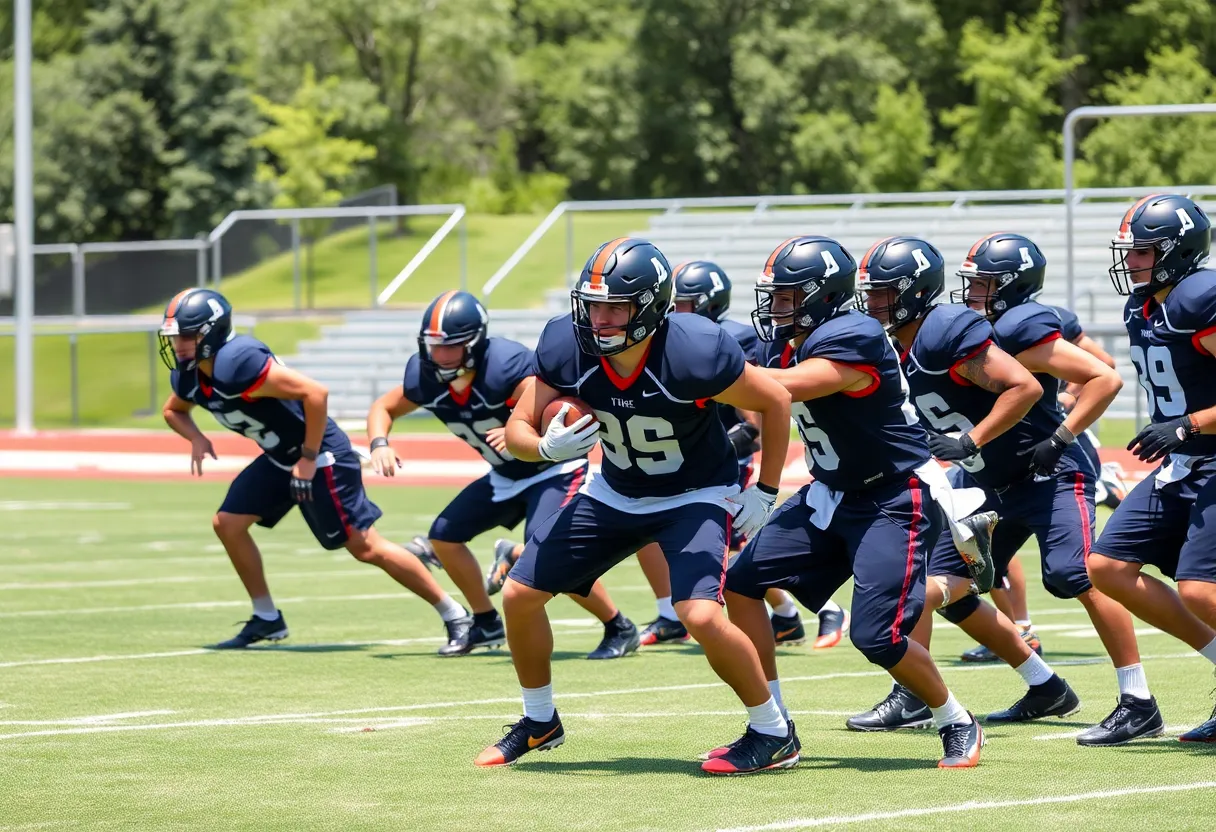 Bulldogs football team practicing defense drills