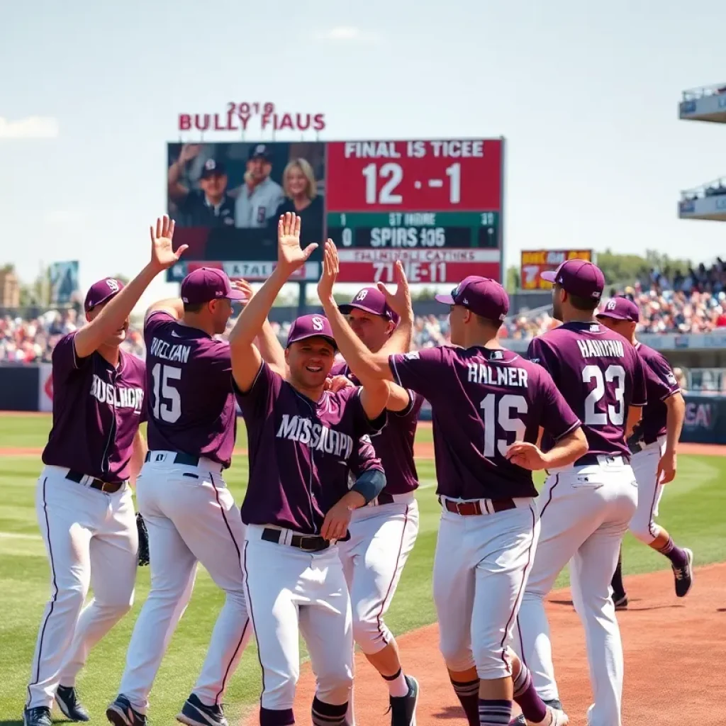 Mississippi State Bulldogs celebrating a 12-1 victory over Missouri