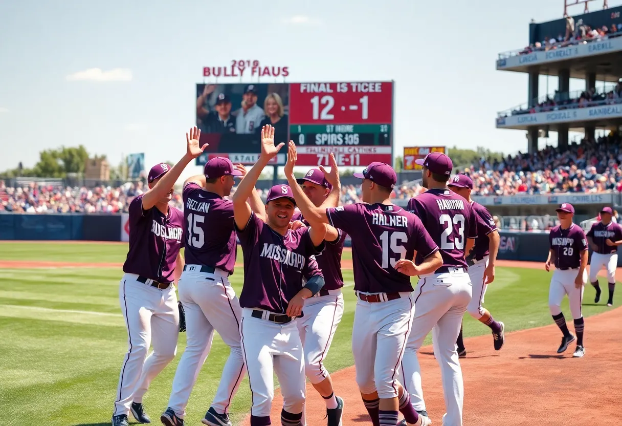 Mississippi State Bulldogs celebrating a 12-1 victory over Missouri