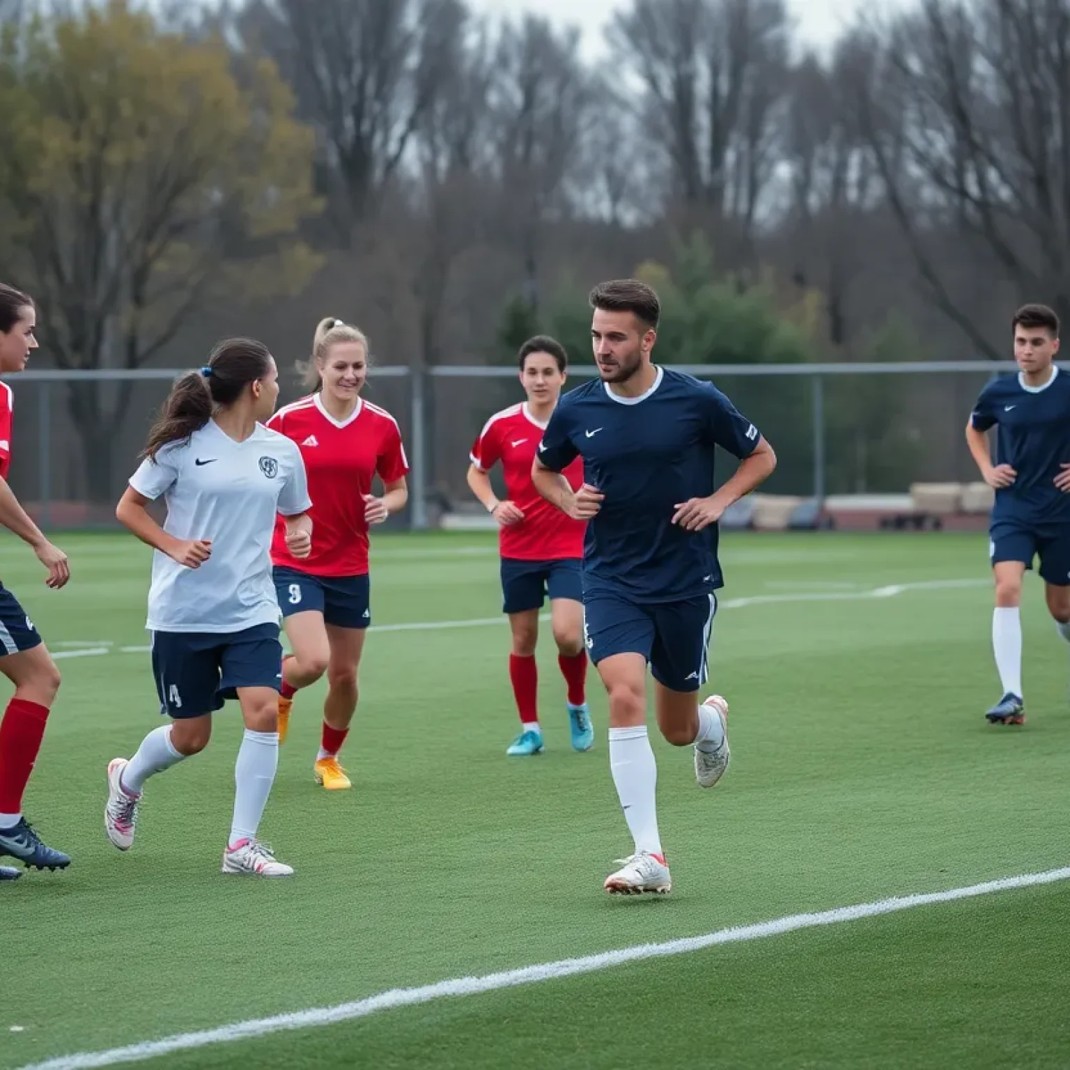 Players practicing soccer at Mississippi State University, showcasing teamwork and leadership.