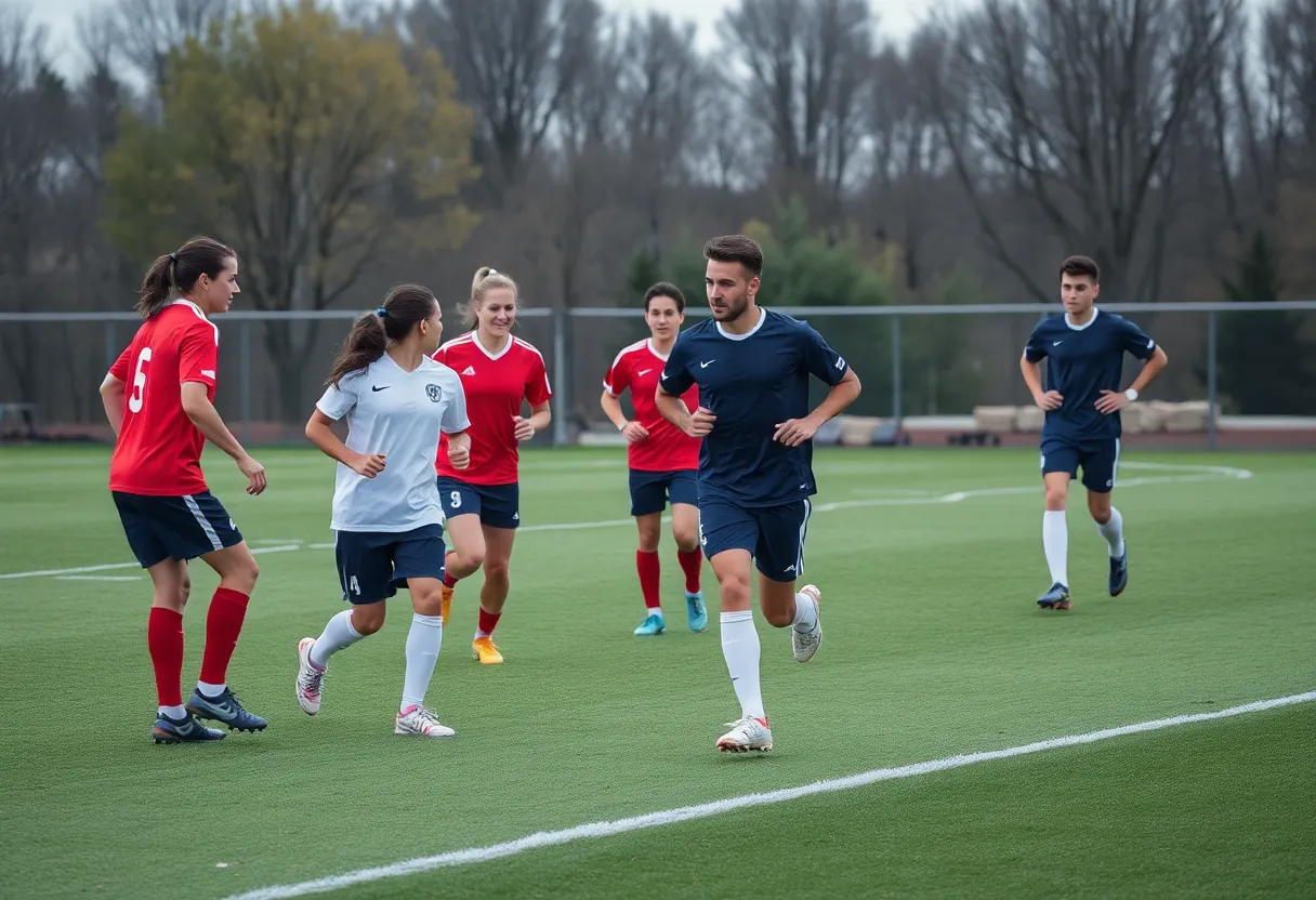 Players practicing soccer at Mississippi State University, showcasing teamwork and leadership.