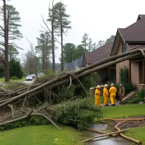 Storm damage in Mississippi with fallen trees and debris