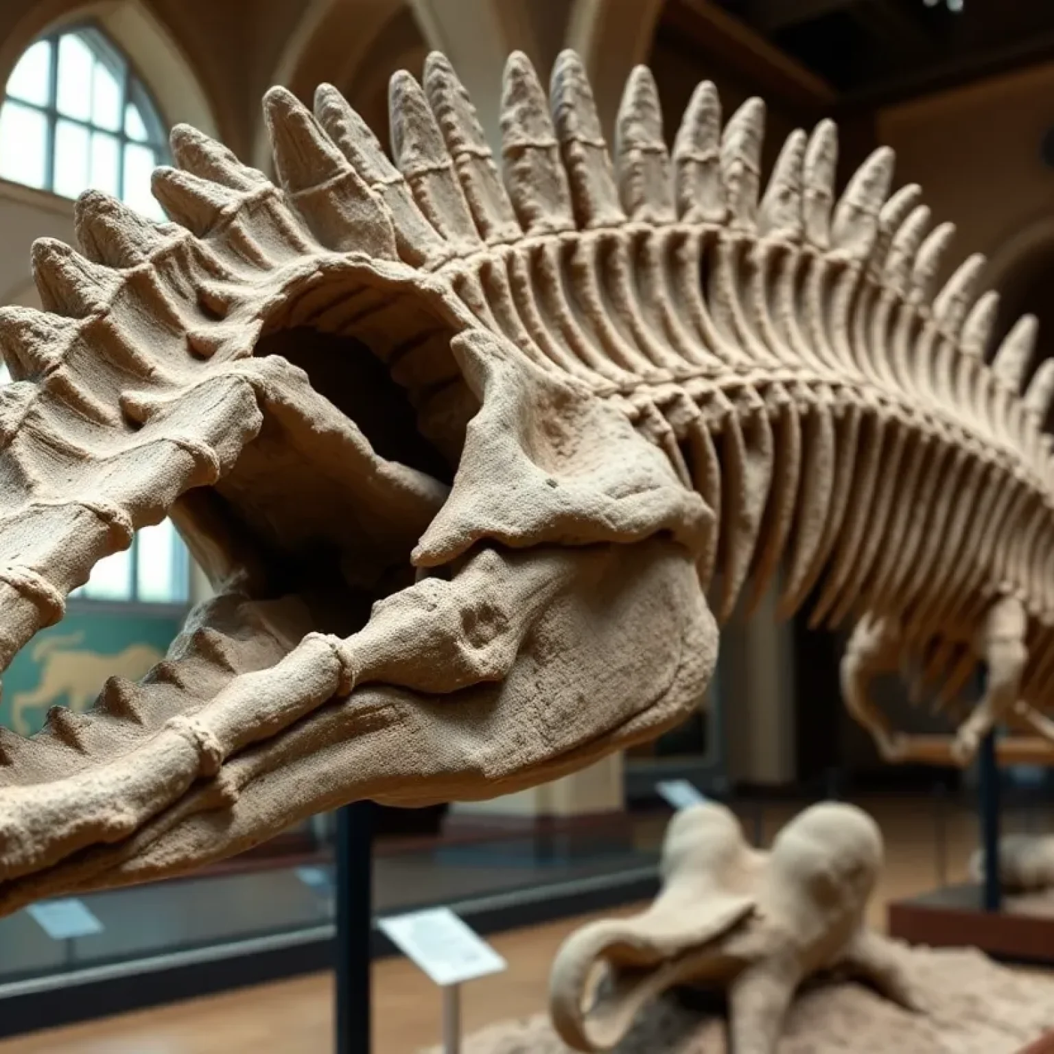 Fossil vertebra of a mosasaur displayed in a museum.