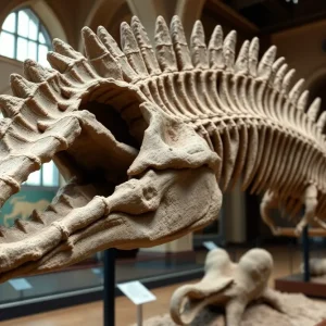 Fossil vertebra of a mosasaur displayed in a museum.