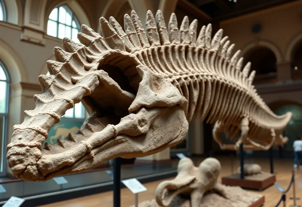 Fossil vertebra of a mosasaur displayed in a museum.