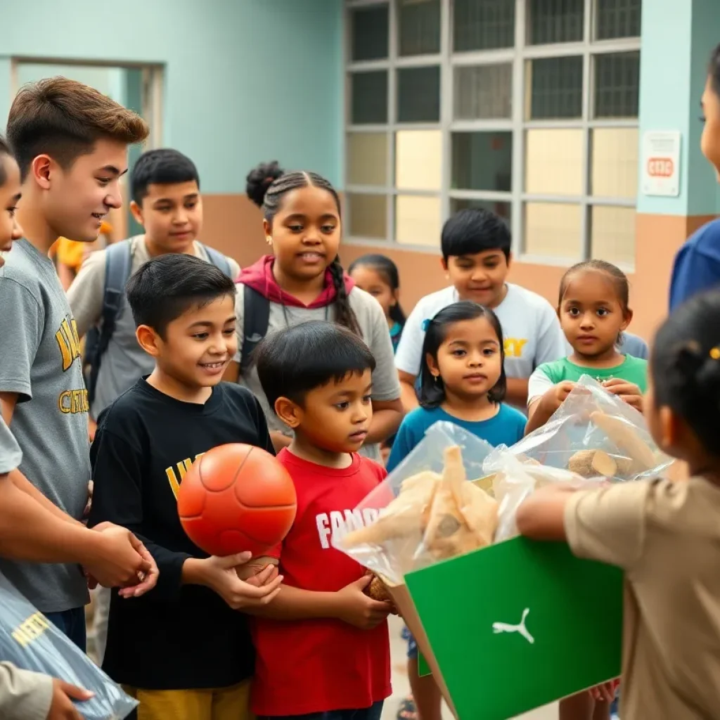 MSU football players engaging with children in community service activities.