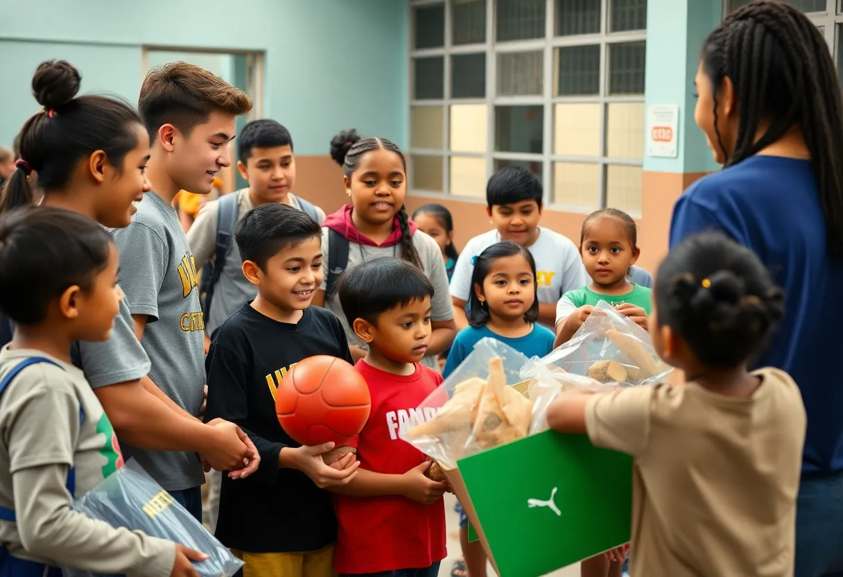 MSU football players engaging with children in community service activities.