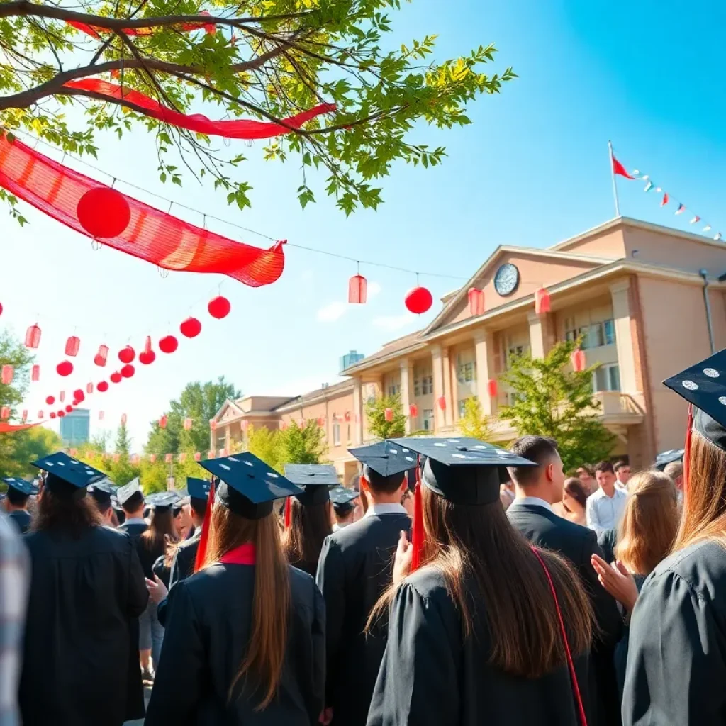 Graduation ceremony at Mississippi State University with graduates in gowns and family members celebrating.