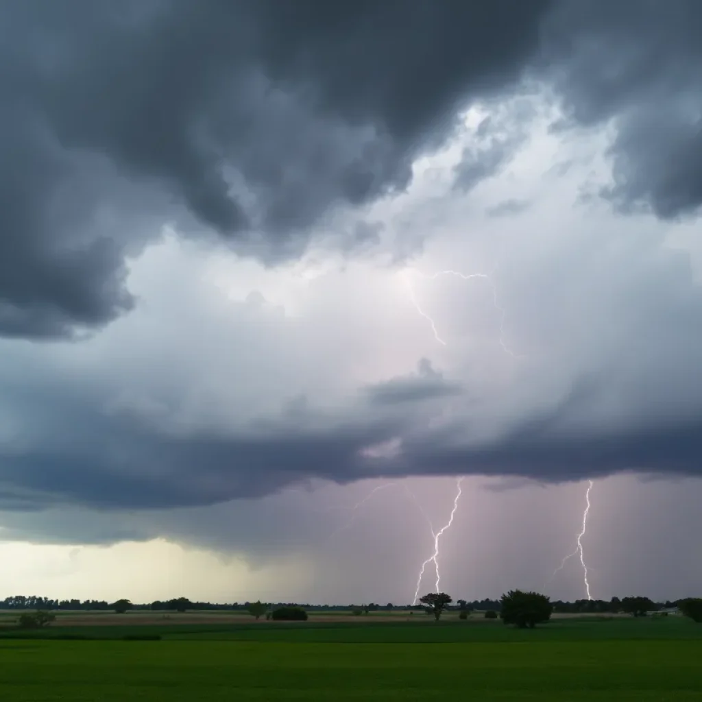 Dark storm clouds with lightning over a rural area in NE Mississippi