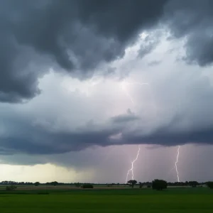 Dark storm clouds with lightning over a rural area in NE Mississippi