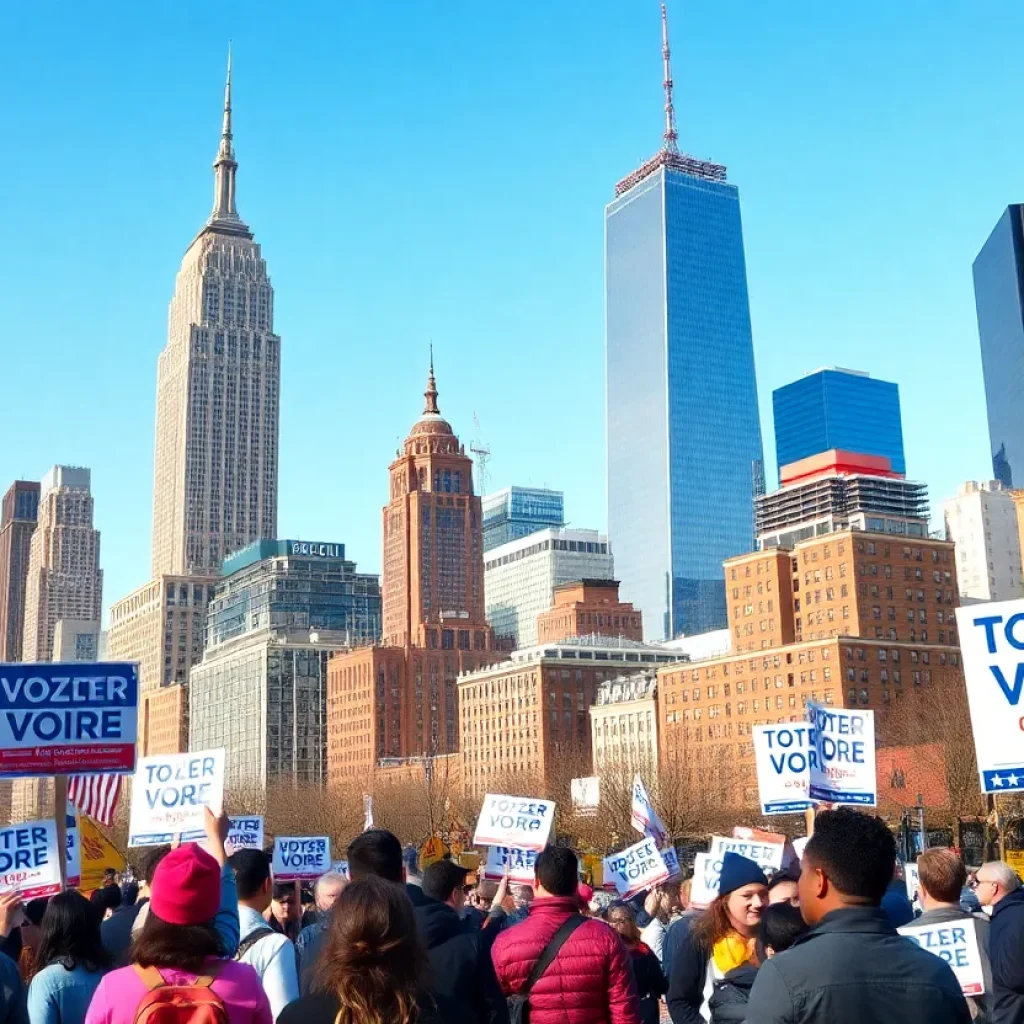 Campaign signs in NYC with a diverse group of voters during election season.