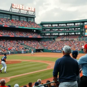 Enthusiastic crowd at a baseball game between Ole Miss and Mississippi State