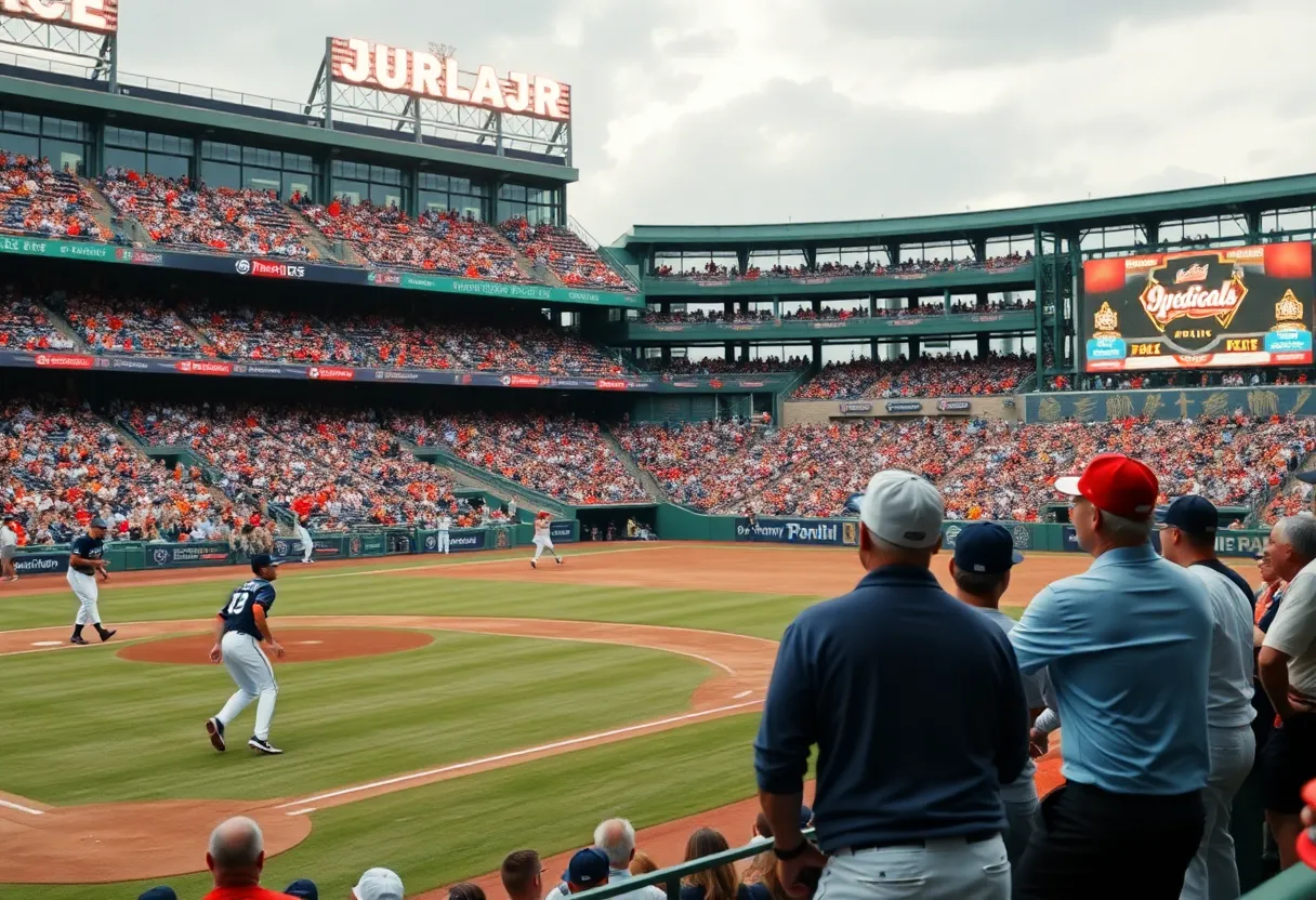 Enthusiastic crowd at a baseball game between Ole Miss and Mississippi State