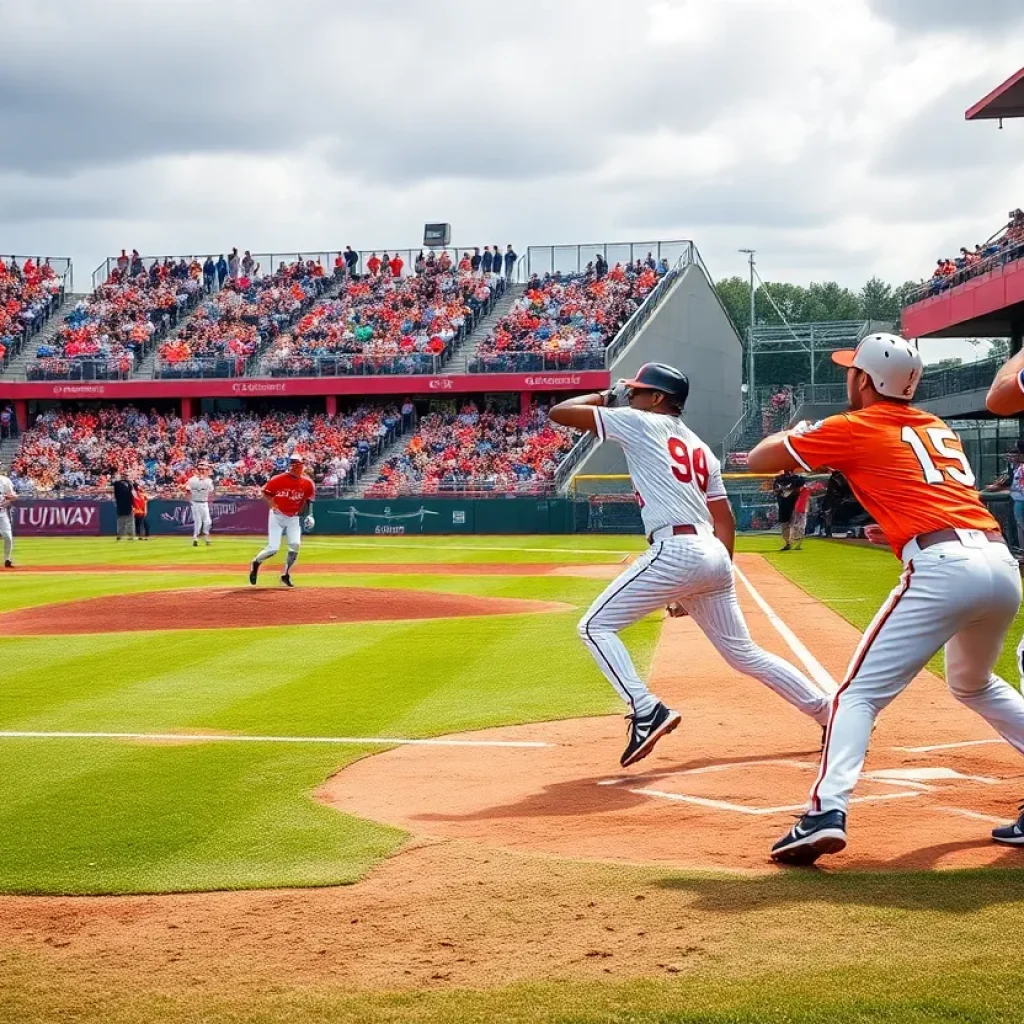 Ole Miss Rebels players competing against Mississippi State Bulldogs in a college baseball game.
