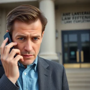 A distressed individual on a phone call, representing the impact of scams in Oktibbeha County.