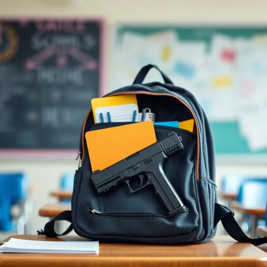 Backpack on a school desk in a classroom