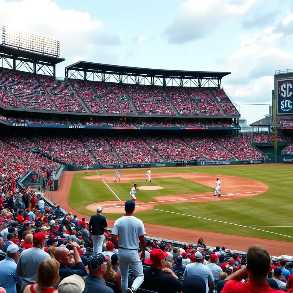 Players competing in an SEC Baseball game with fans cheering in the background.