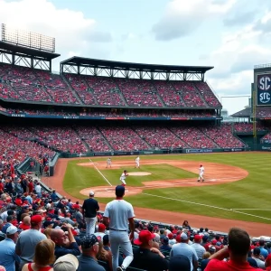 Players competing in an SEC Baseball game with fans cheering in the background.