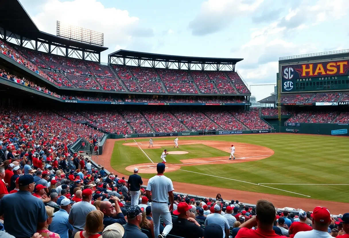 Players competing in an SEC Baseball game with fans cheering in the background.