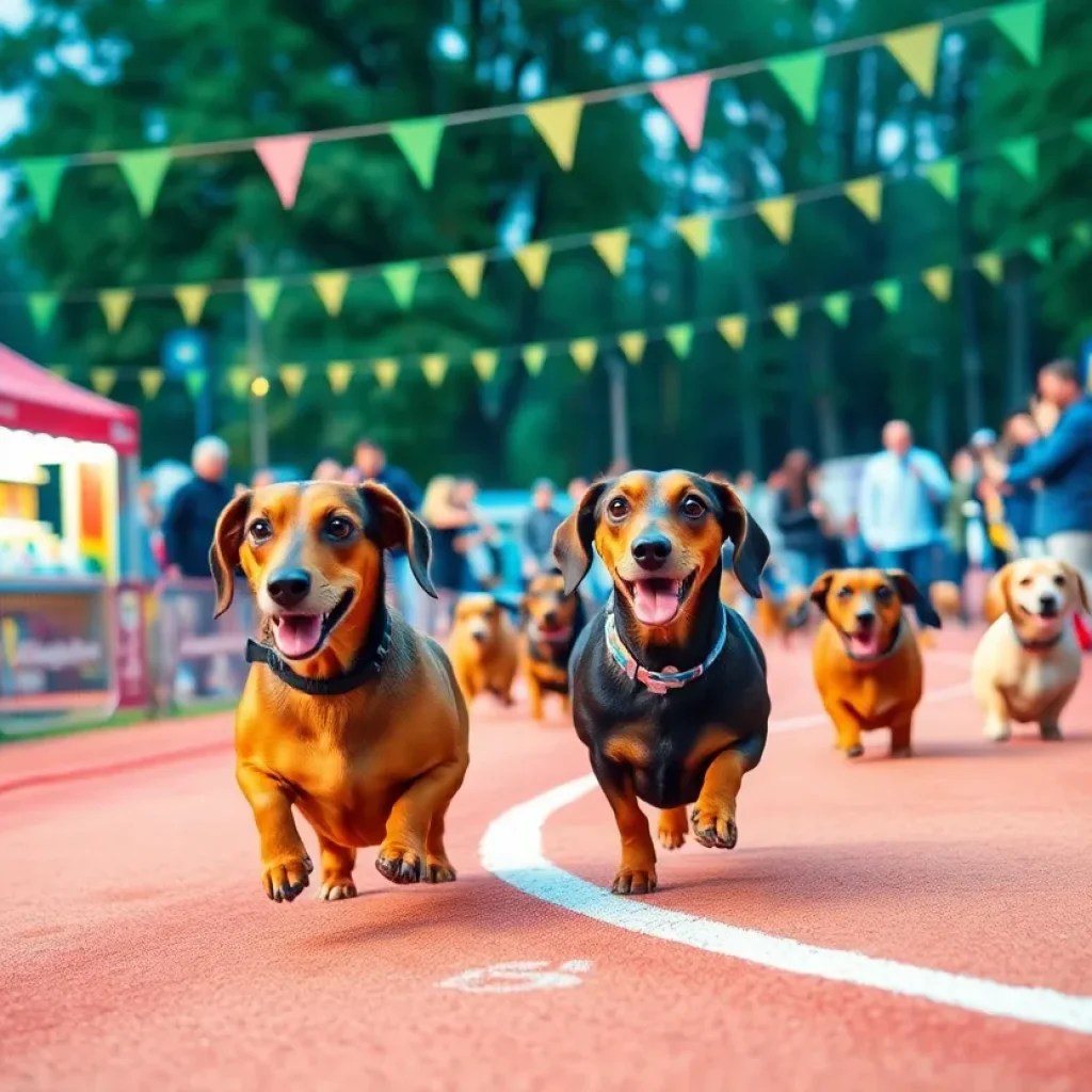 Dachshund racing event with spectators