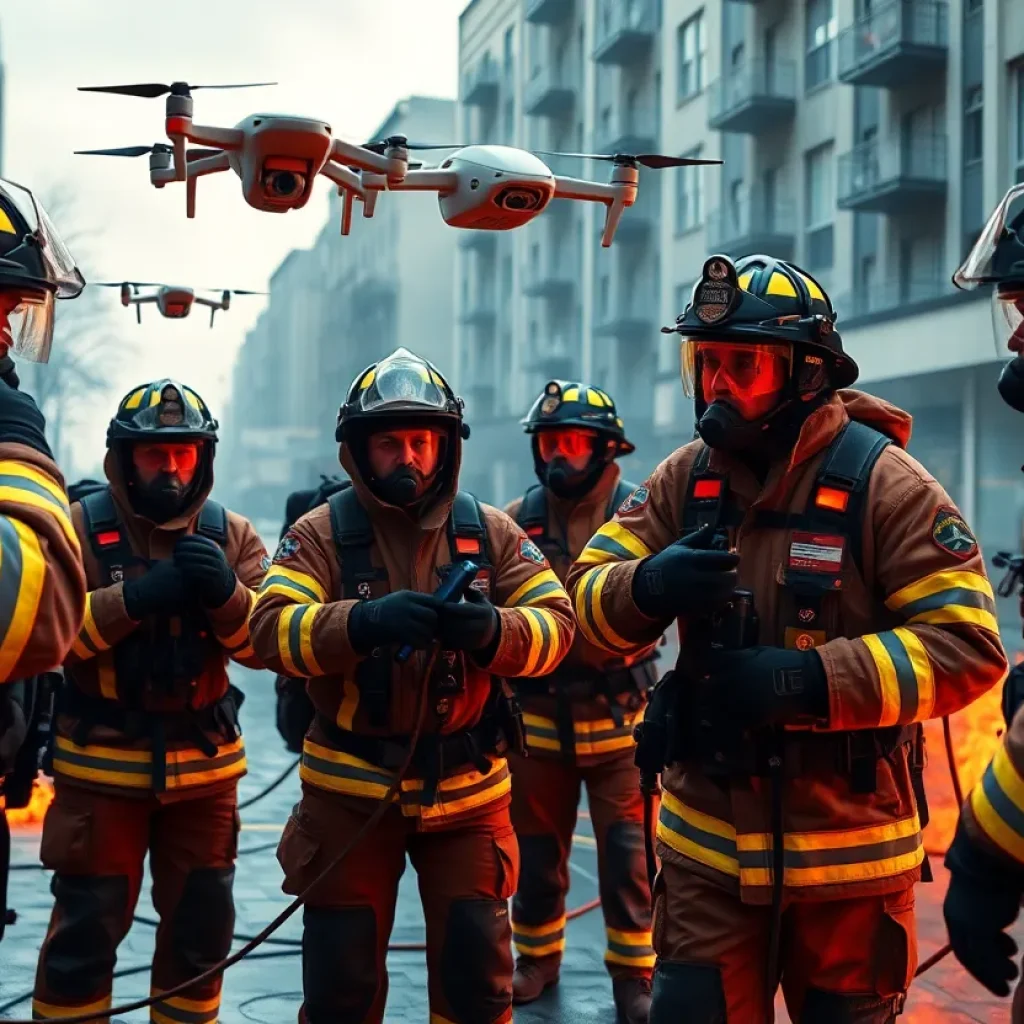Firefighters participating in a training simulation with drones.