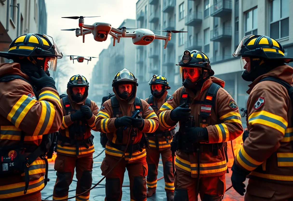 Firefighters participating in a training simulation with drones.