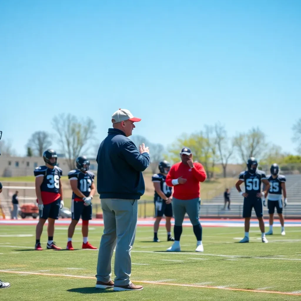 Football coach leading high school team in practice