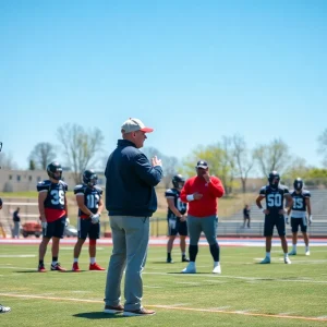 Football coach leading high school team in practice