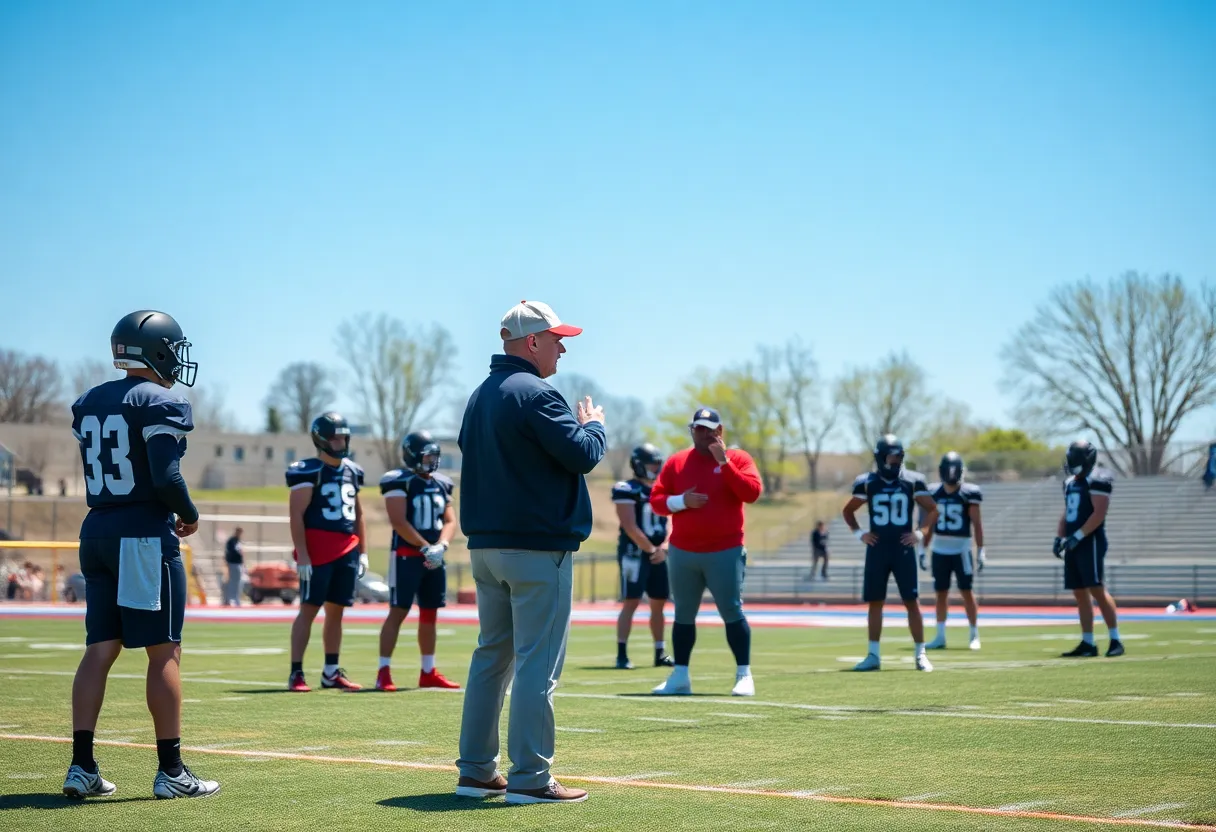 Football coach leading high school team in practice