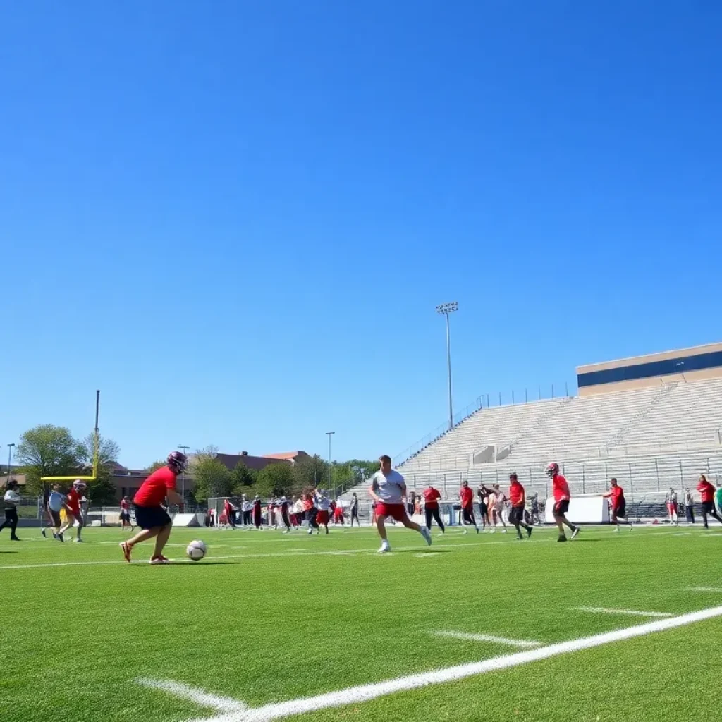 Players practicing football at Starkville High School