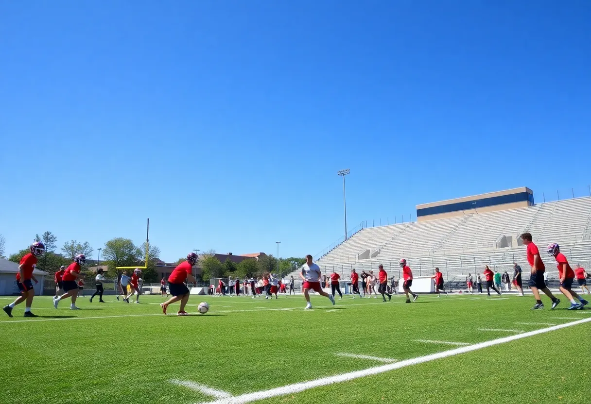 Players practicing football at Starkville High School