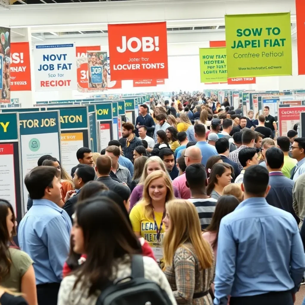 Job seekers at a job fair in Starkville connecting with local employers.