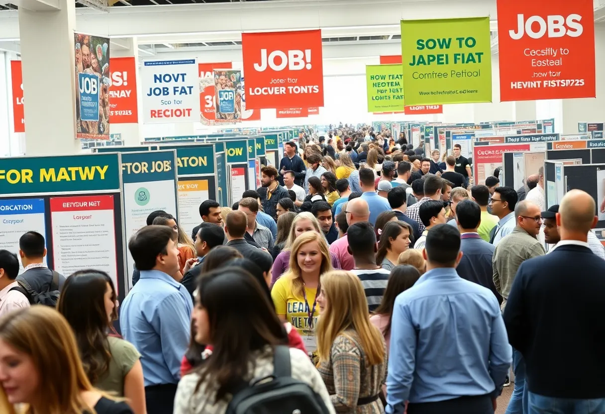 Job seekers at a job fair in Starkville connecting with local employers.