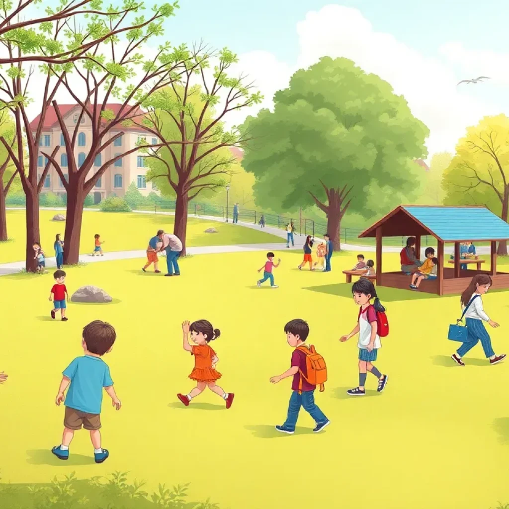 Children playing in a park with families in the background enjoying recreational activities.