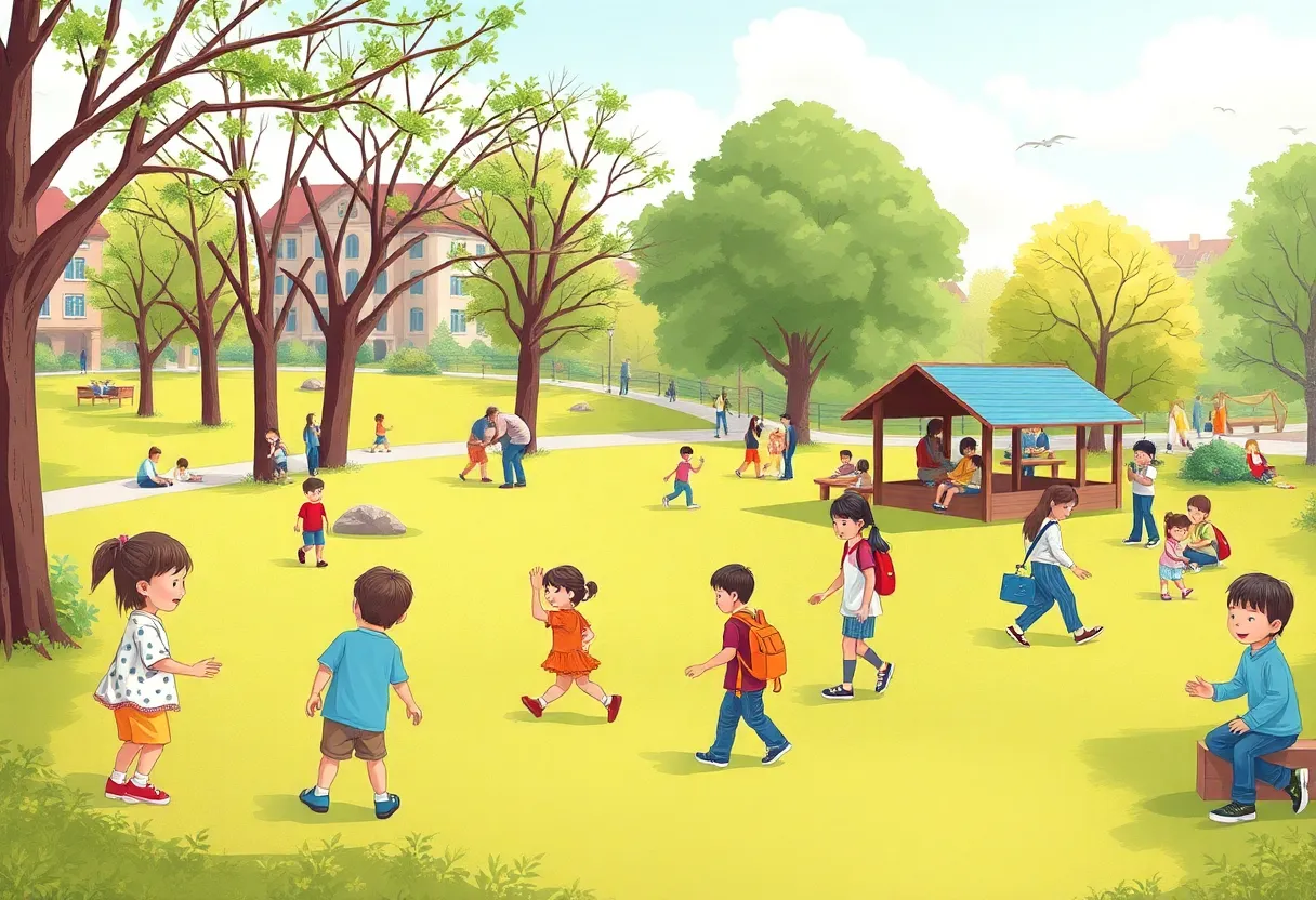 Children playing in a park with families in the background enjoying recreational activities.