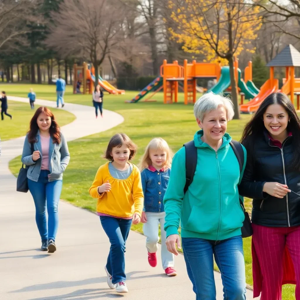 Families enjoying activities in a Starkville park with walking trails.