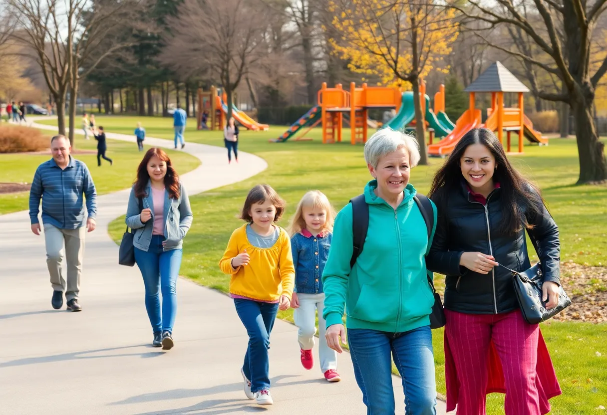 Families enjoying activities in a Starkville park with walking trails.