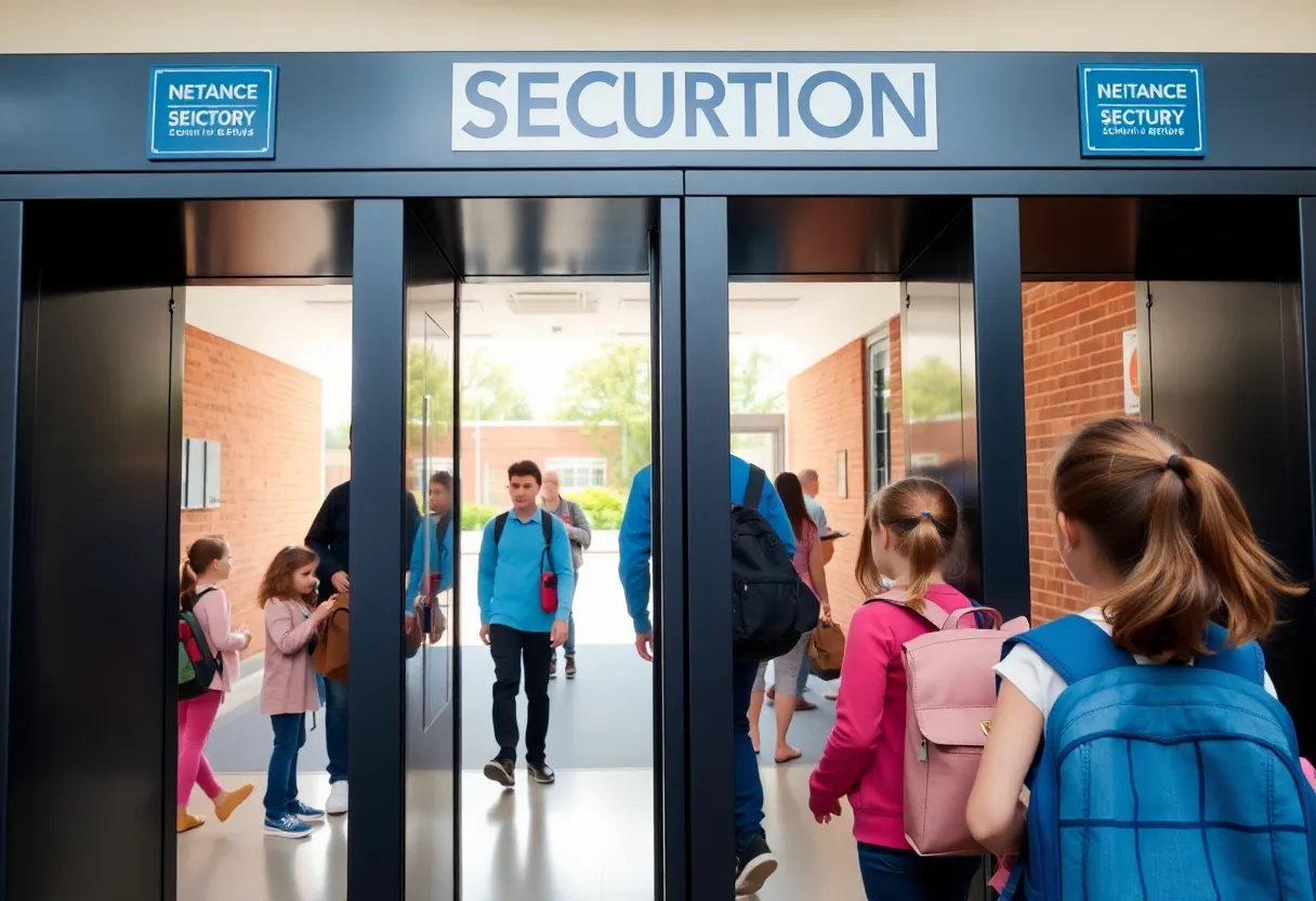 Metal detectors at the entrance of a Starkville school