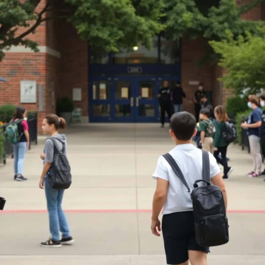 Security personnel screening students at a school entrance