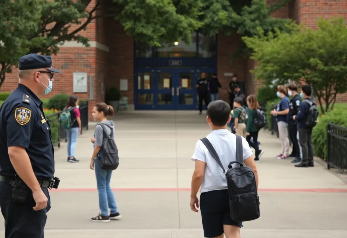 Security personnel screening students at a school entrance