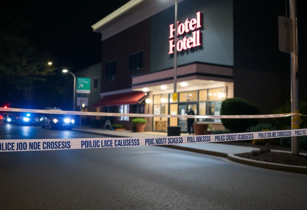 Police investigation scene at a hotel in Starkville, Mississippi
