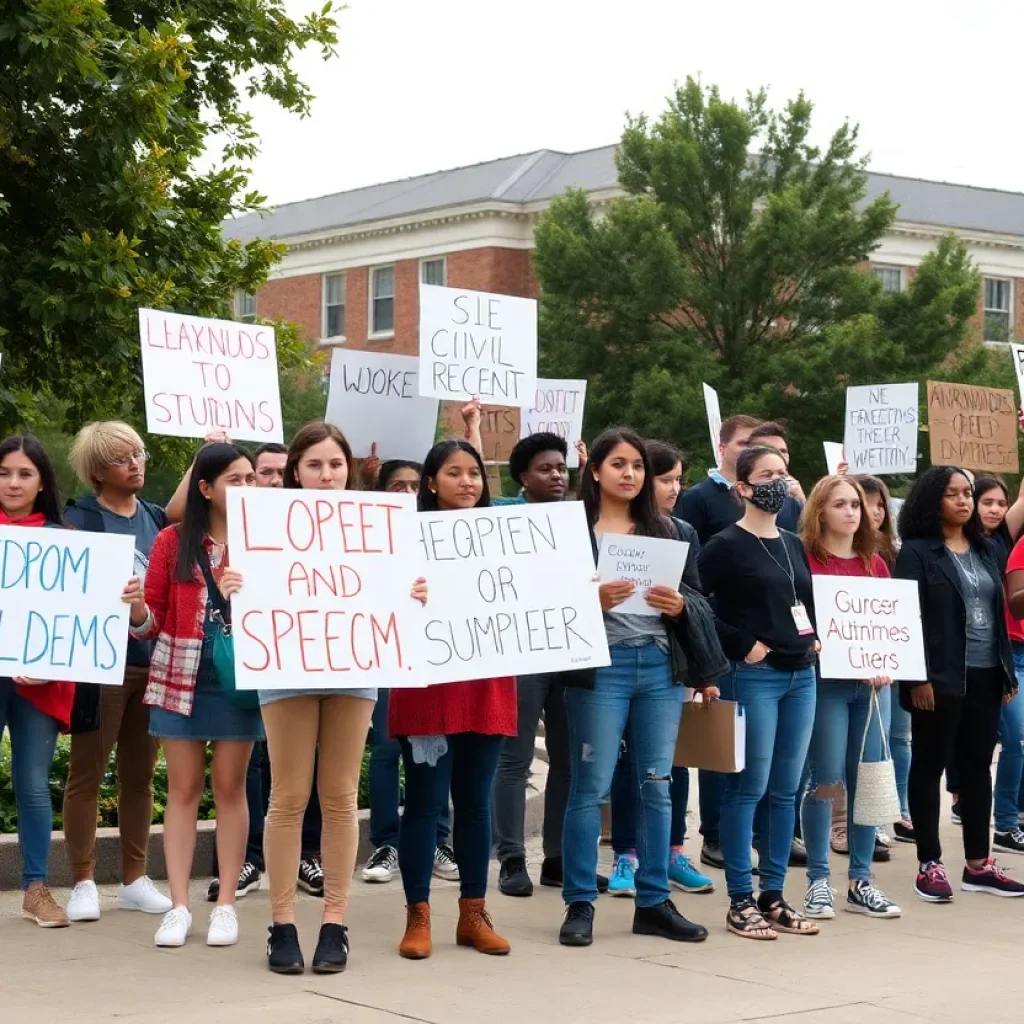 Students protesting for civil rights and freedom of speech on campus.